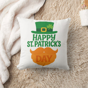 Happy St Patricks Day Leprechaun Beard and Hat Cushion
