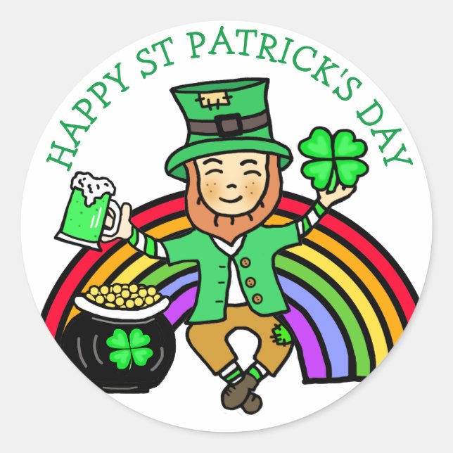 Happy St Patrick's Day Leprechaun Classic Round Sticker (Front)