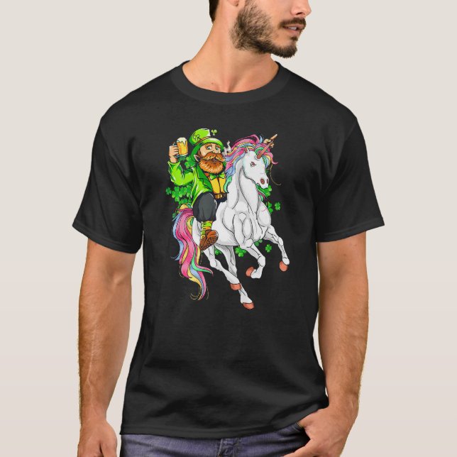 Happy St Patricks Day Leprechaun Riding Unicorn T-Shirt (Front)