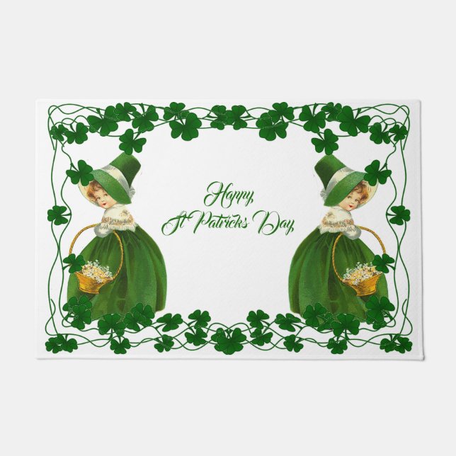 Happy St Patrick's Day Little Girl Lucky Shamrocks Doormat (Front)