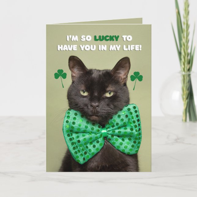 Happy St. Patrick's Day Lucky Black Cat Humour Holiday Card (Front)