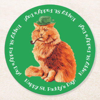 Happy St. Patrick's Day Lucky Cat Paper Coaster