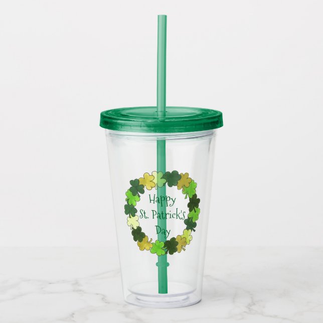 Happy St. Patrick's Day Lucky Shamrock Clover Acrylic Tumbler (Front)