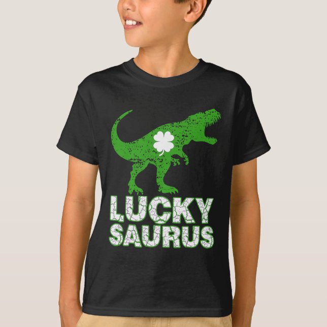 Happy St Patricks Day Luckysaurus Dinosaur Shamroc T-Shirt (Front)