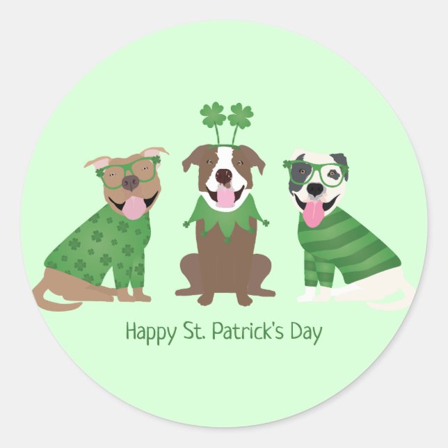 Happy St Patricks Day Pit Bull Dogs Classic Round Sticker (Front)