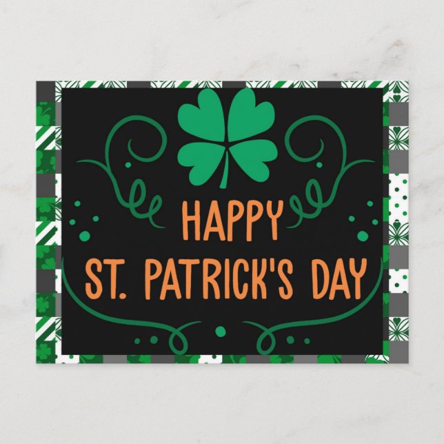 Happy St Patricks Day Plaid Green Shamrock Postcard (Front)