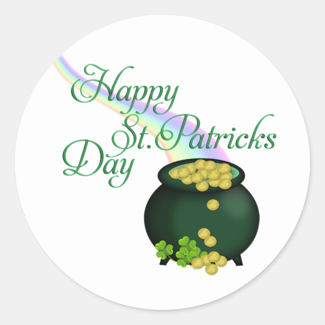 Happy St. Patrick's Day Pot of Gold and Rainbow Classic Round Sticker (Front)
