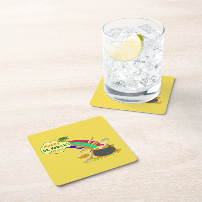 Happy St. Patrick's Day Pot of Gold Square Paper Coaster (Insitu)