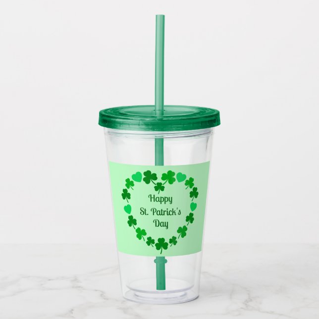 Happy St. Patrick's Day Shamrock and Heart Wreath Acrylic Tumbler (Front)