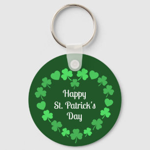 Happy St. Patrick's Day Shamrock and Heart Wreath Key Ring