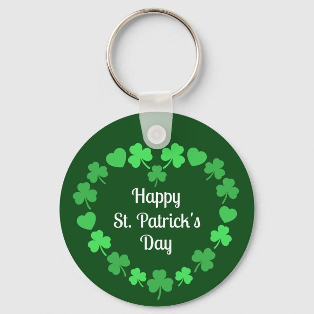 Happy St. Patrick's Day Shamrock and Heart Wreath Key Ring (Front)