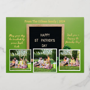 Happy St. patrick's day Shamrocks family 3 photo Foil Holiday Card