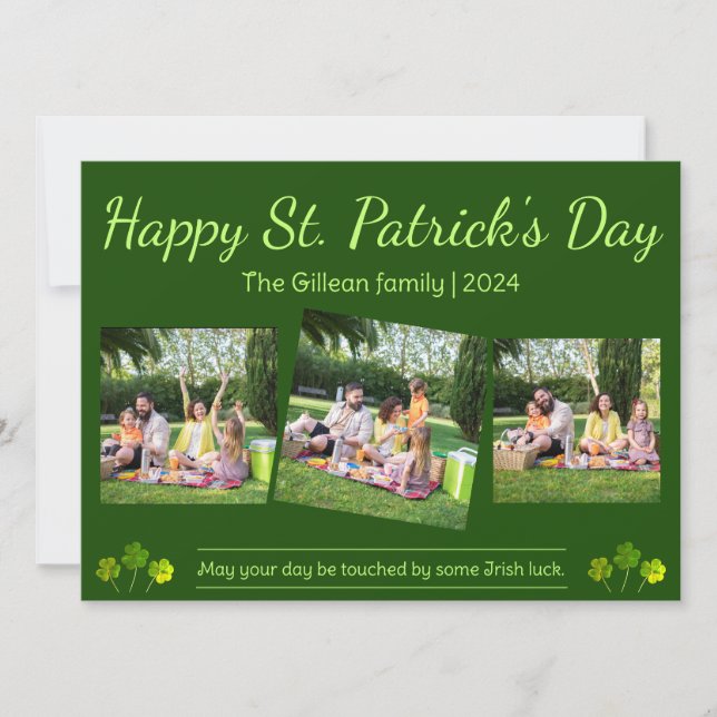 Happy St. patrick's day Shamrocks family 3 photo Holiday Card (Front)