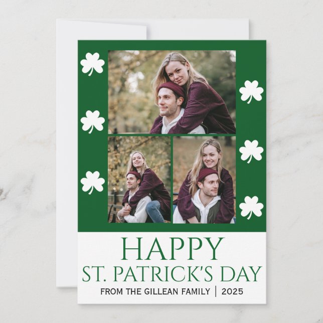 Happy St patricks day Shamrocks family 3 photo Holiday Card (Front)