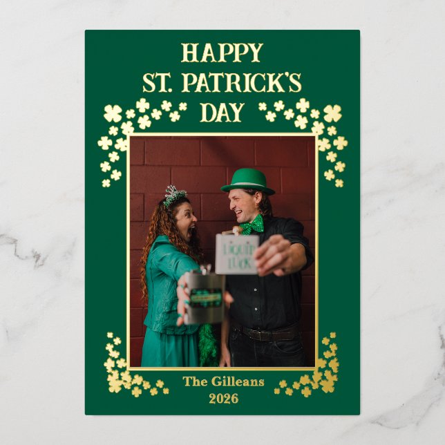 Happy St patricks day Shamrocks Family Photo Foil Holiday Card (Front)