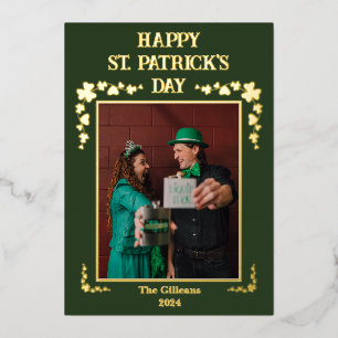 Happy St patricks day Shamrocks Family Photo Foil Holiday Card
