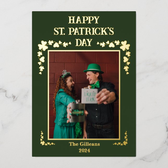 Happy St patricks day Shamrocks Family Photo Foil Holiday Card (Front)