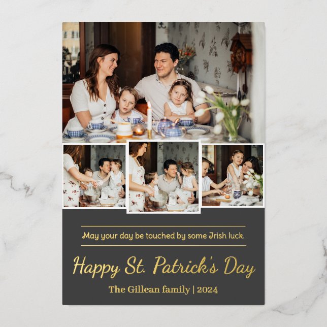 Happy St. patrick's day Shamrocks family photo Foil Holiday Card (Front)