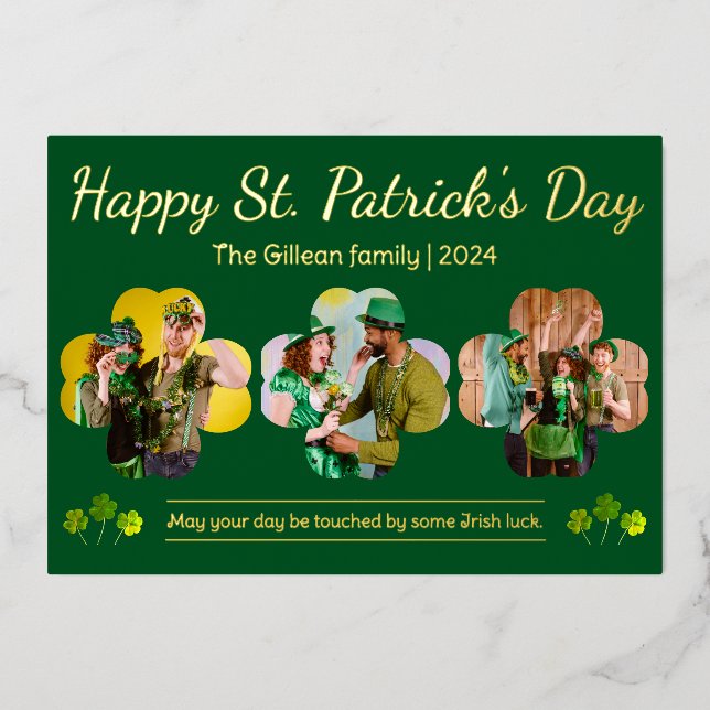 Happy St patricks day Shamrocks family photo  Foil Holiday Card (Front)