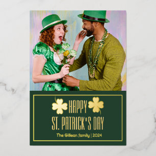Happy St patricks day Shamrocks family photo Foil Holiday Card