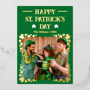 Happy St patricks day Shamrocks Family Photo Foil Holiday Card