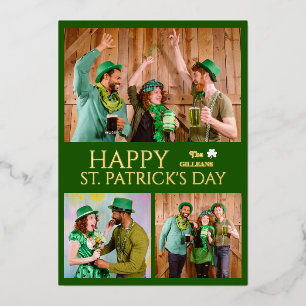 Happy St patricks day Shamrocks family photo Foil Holiday Card