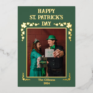 Happy St patricks day Shamrocks Family Photo Foil Holiday Card