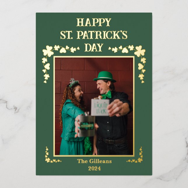 Happy St patricks day Shamrocks Family Photo Foil Holiday Card (Front)