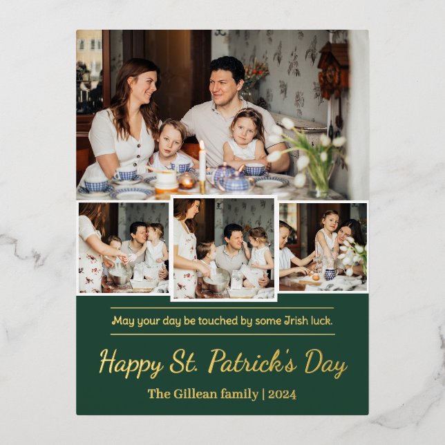 Happy St. patrick's day Shamrocks family photo Foil Holiday Postcard (Front)