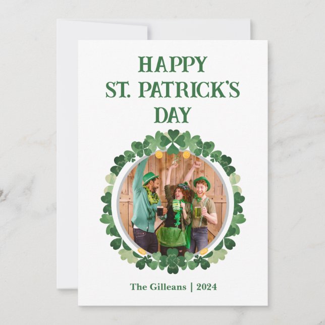 Happy St patricks day Shamrocks Family Photo Holiday Card (Front)