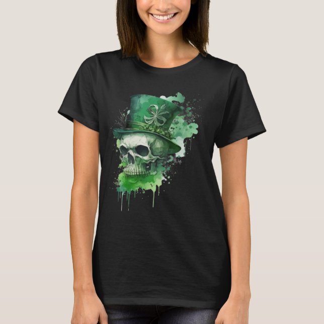 Happy St Patricks Day Skull C Green Shamrock T-Shirt (Front)