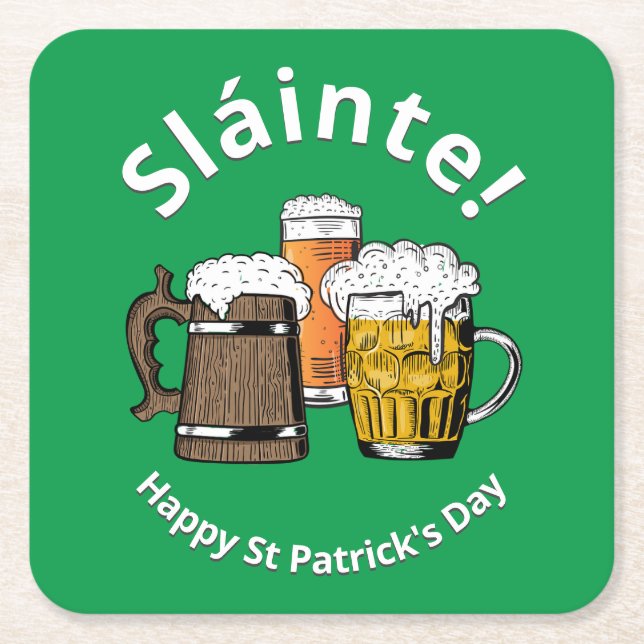 HAPPY ST PATRICK'S DAY Sláinte Cartoon Beers GREEN Square Paper Coaster (Front)