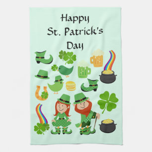 Happy St. Patrick's Day symbols and characters Tea Towel