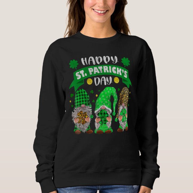 Happy St Patricks Day Three Gnome Shamrock Leopard Sweatshirt (Front)