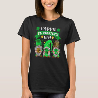 Happy St Patricks Day Three Gnome Shamrock Leopard T-Shirt