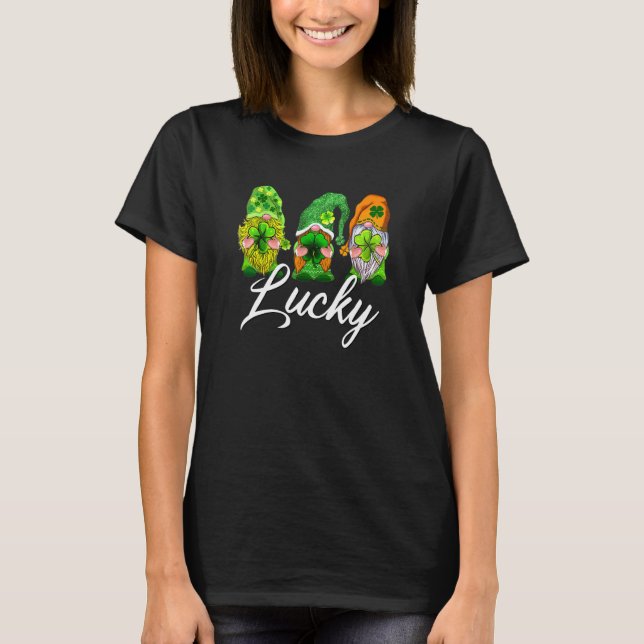 Happy St Patrick's Day Three Gnomes Lucky Green Sh T-Shirt (Front)
