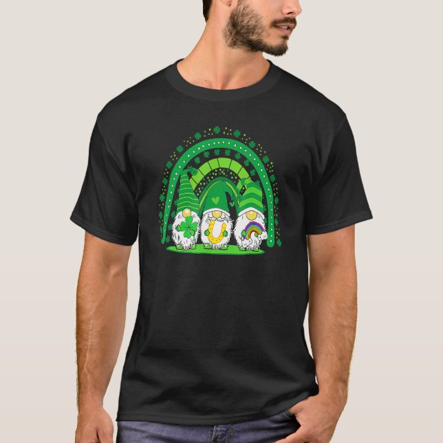 Happy St Patrick's Day Three Gnomes Shamrock Rainb T-Shirt (Front)