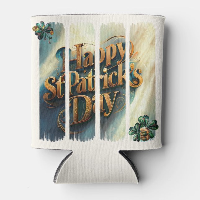 Happy St. Patrick's Day Vertical Brushstroke Can Cooler (Front)