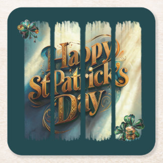 Happy St.Patrick's Day Vertical Brushstroke Square Paper Coaster