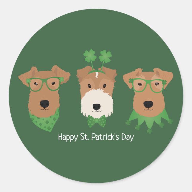 Happy St Patricks Day Welsh Wire Fox Terrier Dogs Classic Round Sticker (Front)