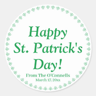 Happy St. Patrick's Day white custom text clover Classic Round Sticker