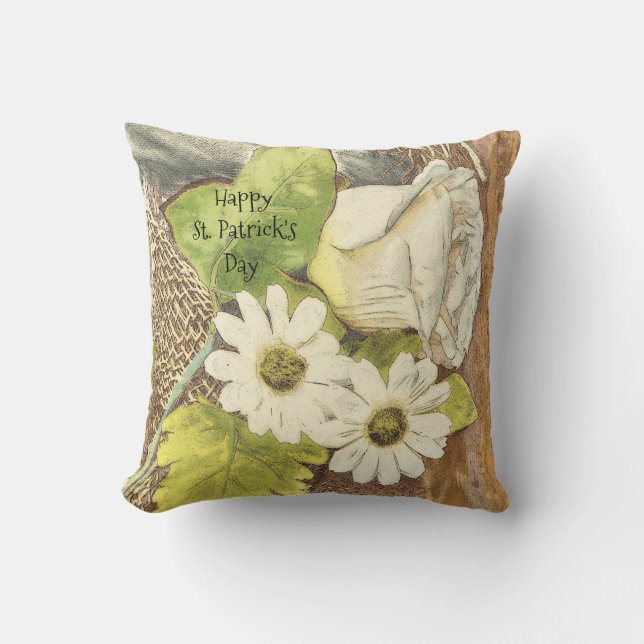 Happy St. Patrick's Day White Green Brown Floral Cushion (Front)