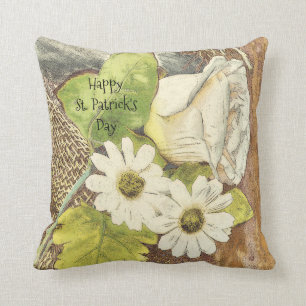 Happy St. Patrick's Day White Green Brown Floral Cushion