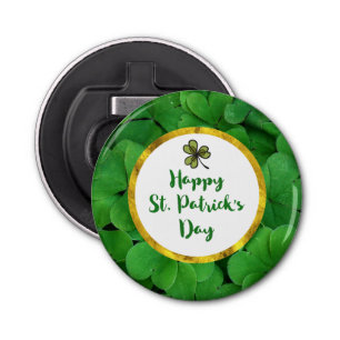 Happy St. Patrick's Day with Green Clovers Bottle Opener