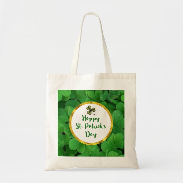 Happy St. Patrick's Day with Green Clovers Tote Bag (Front)
