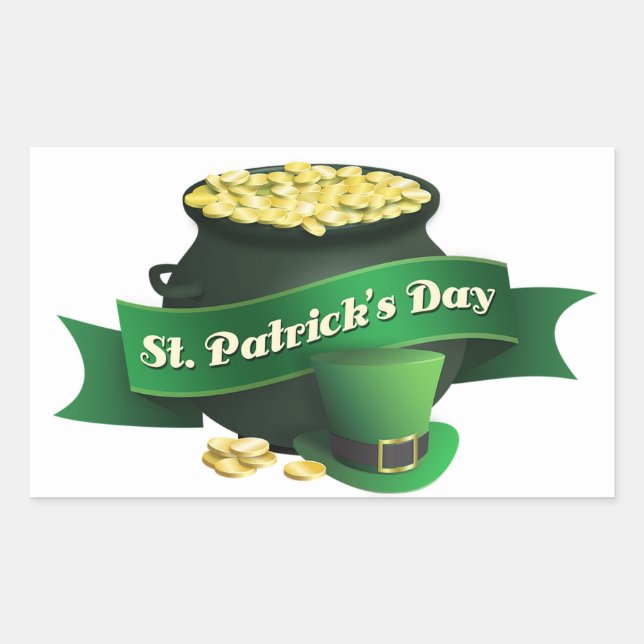 Happy St Patrick's Day with Pot of Gold Rectangular Sticker (Front)