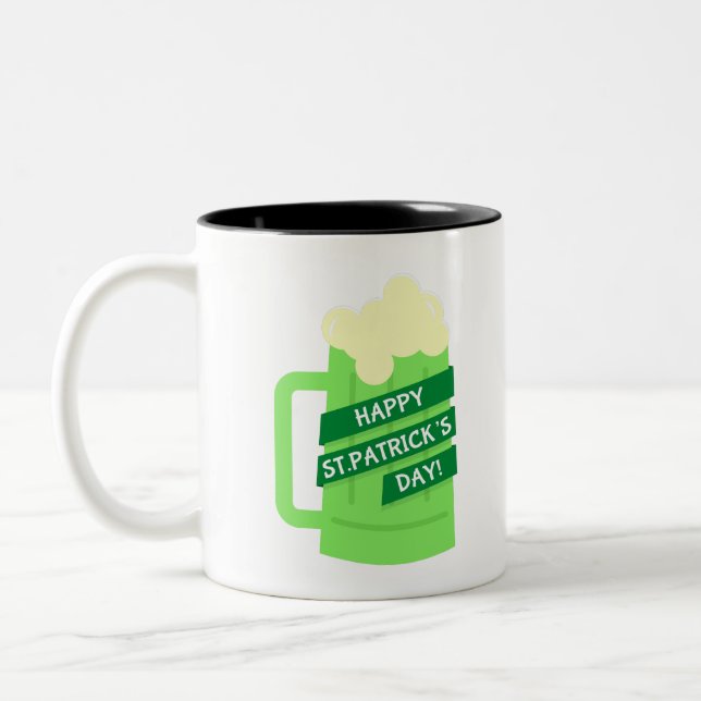 happy st patricks green beer Two-Tone coffee mug (Left)