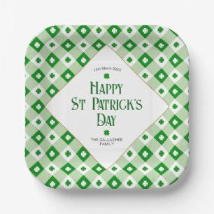 Happy St Patrick's Orange Green Clover Plaid Name Paper Plate