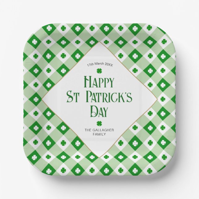 Happy St Patrick's Orange Green Clover Plaid Name Paper Plate (Front)