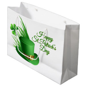 Happy St Pat's Day Leprechaun Clove Hat in Grass Large Gift Bag
